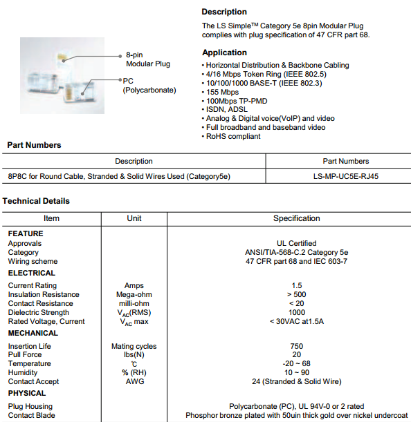 LS-MP-UC5E-RJ45-Đầu cắm chuẩn RJ45 dành cho cáp UTP CAT5e